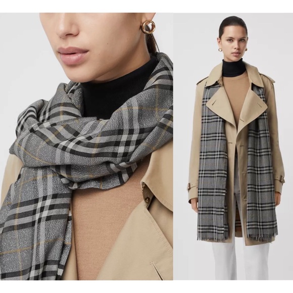 Burberry - Metallic Vintage Check Wool Silk Scarf - Picture 4 of 13